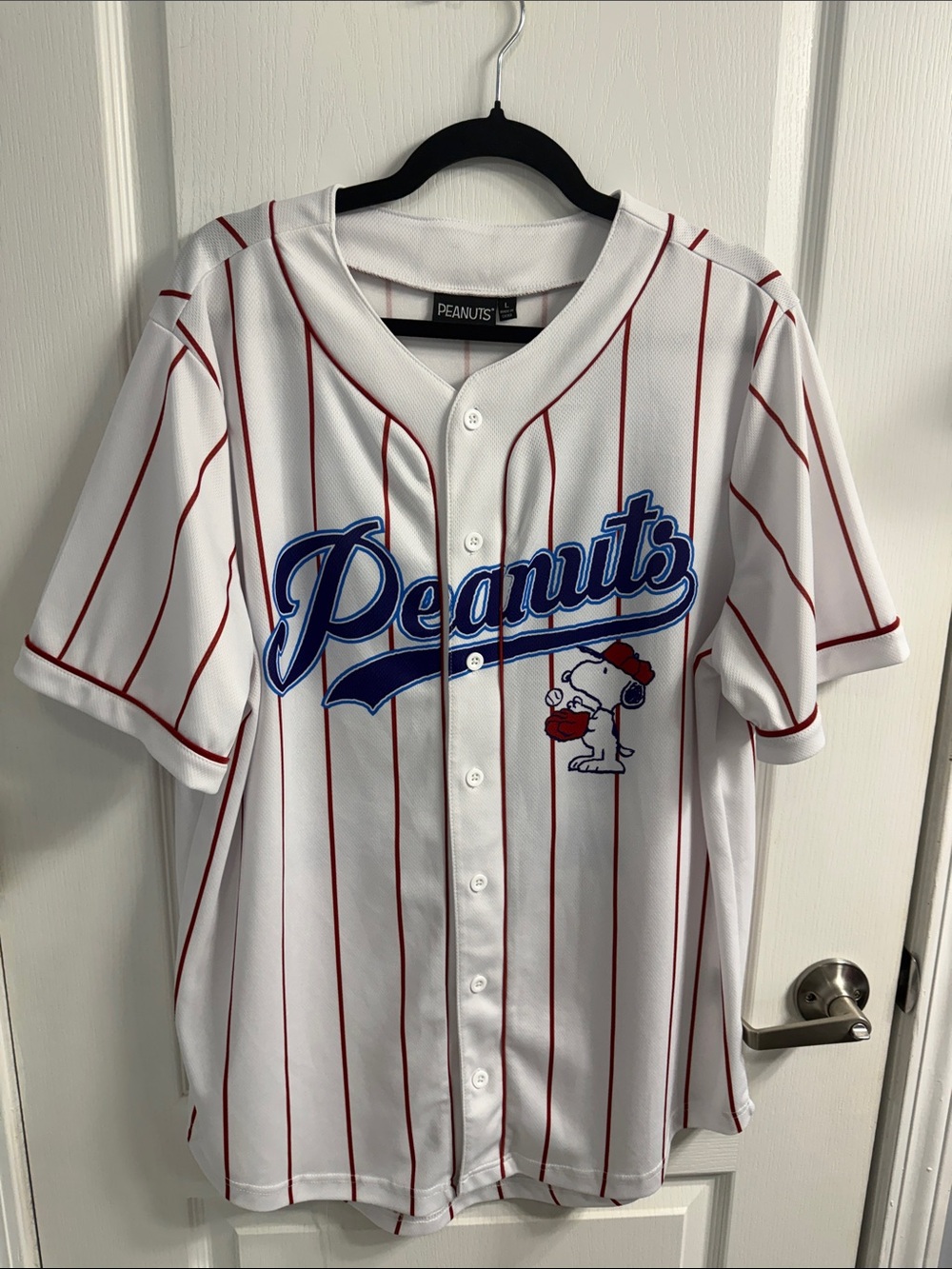 Peanuts Graphic White Jersey with Red Pinstripes Snoopy Baseball Sporty Chic
